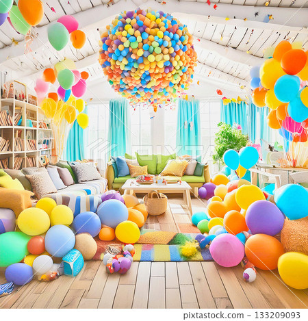 A lively and fantastical party venue filled to the ceiling with balloons 133209093