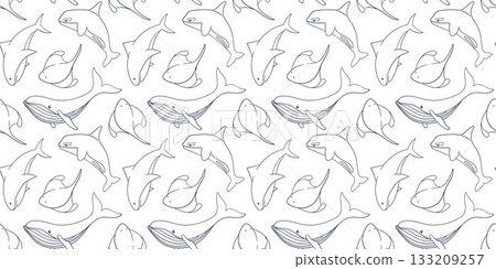 Seamless line art style seamless pattern with humpback whale, shark, stingray fish and killer whale swimming in the ocean. Background for marine and aquatic themed design. 133209257