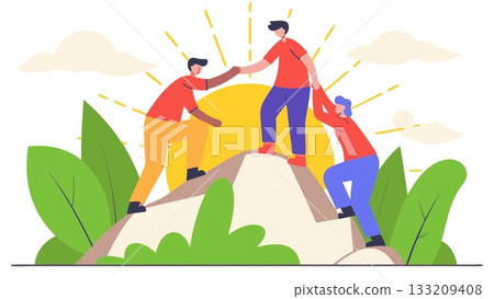 AI Teamwork Illustration. Mountain Peak Collaboration. Symbolic ascent showing mutual support, unity, and achievement in a surreal nature-inspired AI concept. AI Teamwork Illustration. Mountain Peak Collaboration. Symbolic ascent showing mutual support, unity, and achievement in a surreal nature-inspired AI concept. 133209408