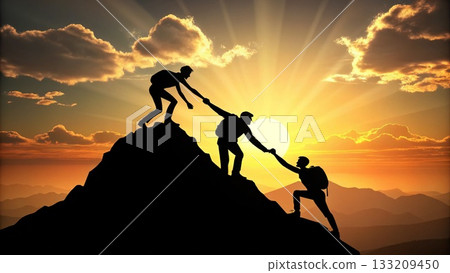 AI Teamwork Illustration. Mountain Peak Collaboration. Symbolic ascent showing mutual support, unity, and achievement in a surreal nature-inspired AI concept. 133209450