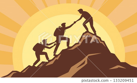 AI Teamwork Illustration. Mountain Peak Collaboration. Symbolic ascent showing mutual support, unity, and achievement in a surreal nature-inspired AI concept. AI Teamwork Illustration. Mountain Peak Collaboration. Symbolic ascent showing mutual support, unity, and achievement in a surreal nature-inspired AI concept. 133209451