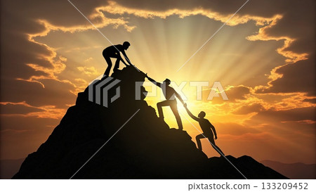 AI Teamwork Illustration. Mountain Peak Collaboration. Symbolic ascent showing mutual support, unity, and achievement in a surreal nature-inspired AI concept. AI Teamwork Illustration. Mountain Peak Collaboration. Symbolic ascent showing mutual support, unity, and achievement in a surreal nature-inspired AI concept. 133209452