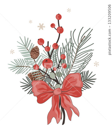Cute Christmas bouquet with pine branches and holly berries with red ribbon bow in cartoon style. Winter season card and New year gift decoration. Vector isolated illustration Cute Christmas bouquet with pine branches and holly berries with red ribbon bow in cartoon style. Winter season card and New year gift decoration. Vector isolated illustration 133209506