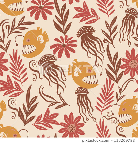 Spooky seamless vector pattern featuring stylized anglerfish, jellyfish, and dark red brown seaweed on a cream background. Perfect for fabric and textile design. 133209788