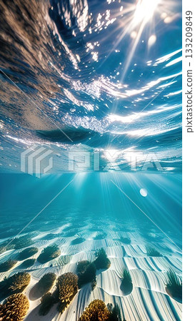 A peaceful underwater view showcasing the delicate ripples on a sandy seafloor, bathed in the soft glow of sunlight through clear blue ocean water. 133209849