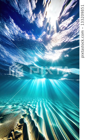 A peaceful underwater view showcasing the delicate ripples on a sandy seafloor, bathed in the soft glow of sunlight through clear blue ocean water. 133209851