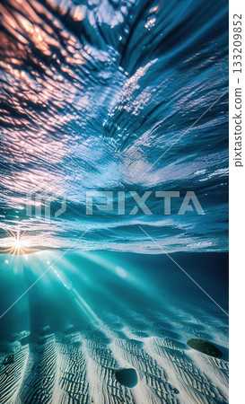 A peaceful underwater view showcasing the delicate ripples on a sandy seafloor, bathed in the soft glow of sunlight through clear blue ocean water. 133209852