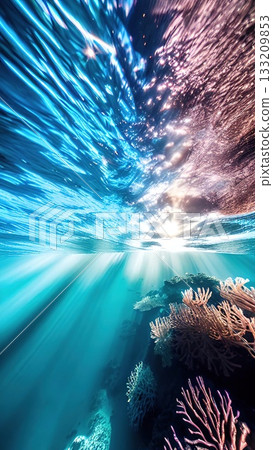 A peaceful underwater view showcasing the delicate ripples on a sandy seafloor, bathed in the soft glow of sunlight through clear blue ocean water. 133209853