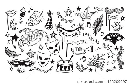 Carnival Celebration Doodle set. Theatrical, Festive, Party and Masquerade masks, musical instruments, garland with fireworks. Isolated Outline Hand-drawn scribble icons. Vector Illustration. Not AI 133209997