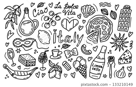 Hand drawn Italy travel doodle set with iconic symbols Hand drawn Italy travel doodle set with iconic symbols 133210149