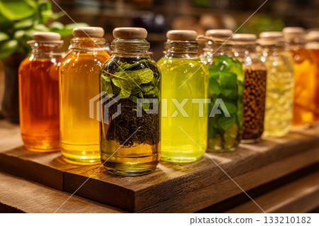 A sleek counter with various detox drinks and herbal teas steeping in clear bottles, suggesting cleansing and wellness. A sleek counter with various detox drinks and herbal teas steeping in clear bottles, suggesting cleansing and wellness. 133210182