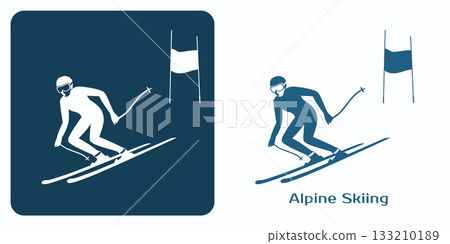 Minimalist Alpine Skiing Insignia. Alpine Skier sliding down a snowy slope. 133210189