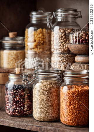 A collection of organic grains and legumes in glass jars on a pantry shelf, signifying wholesome and sustainable food choices. A collection of organic grains and legumes in glass jars on a pantry shelf, signifying wholesome and sustainable food choices. 133210256