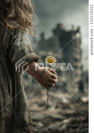 A child holding a single, wilting flower amidst a bleak, war-torn landscape, representing fragile hope and lost innocence. 133210322