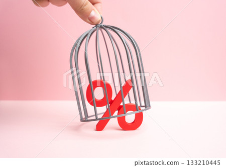 Interest is put in a cage. Freeze interest growth. Credit policy restriction. Finance, economics, and monetary policy. Interest rate control or market slowdown. Discover new opportunities to save. 133210445