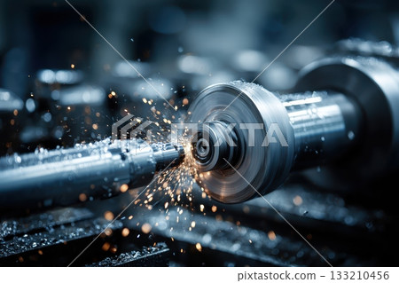 A lathe machining process is captured in this industrial scene, complete with sparks and metal shavings. This illustrates precision manufacturing at its finest A lathe machining process is captured in this industrial scene, complete with sparks and metal shavings. This illustrates precision manufacturing at its finest 133210456