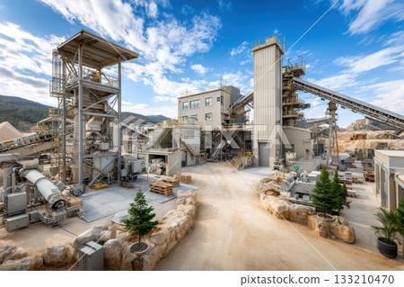 Overview of a modern industrial plant, showcasing its heavy machinery, conveyor belts, and overall efficient construction in an industrial area, set against a vibrant blue sky 133210470