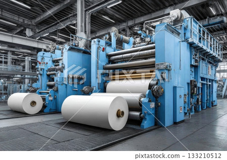 Industrial paper rolls are prepared for printing on a large blue printing press in a factory, showing the machinery used for production 133210512