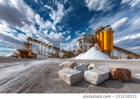 Salt mine industrial scene: processed material piles, heavy machinery, and dynamic, cloudy sky Salt mine industrial scene: processed material piles, heavy machinery, and dynamic, cloudy sky 133210513