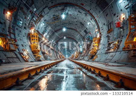 A wet tunnel, bathed in artificial lights, displays its unique underground construction, with tracks disappearing into the distance 133210514