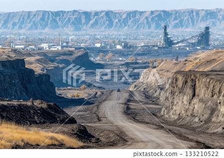 Coal mine landscape showcases industrial infrastructure and environmental impact of open-pit resource extraction 133210522