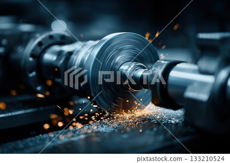 In a factory setting, a metal lathe shapes a piece of steel as sparks fly, illustrating industrial manufacturing and precision machining 133210524