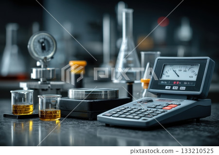 Precision instrumentation measures laboratory samples in beakers, with conical flasks and scientific glassware adding context, highlighting a detailed laboratory setup Precision instrumentation measures laboratory samples in beakers, with conical flasks and scientific glassware adding context, highlighting a detailed laboratory setup 133210525