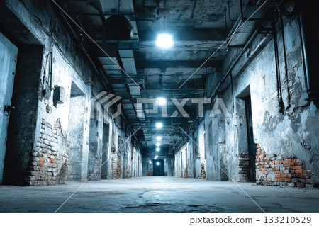 Eerie, abandoned corridor with damaged walls in a decaying, old building. Dim lights and dilapidated state evoke urban decay 133210529