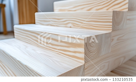 Close up of beautifully crafted wooden staircase, highlighting the natural grain and craftsmanship 133210535