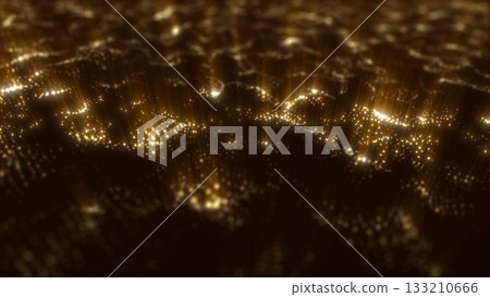 Golden shimmering waves made of glowing particle dots create a luxurious abstract motion landscape. Soft depth, warm gold tones and smooth luminous texture form an elegant modern background. 133210666