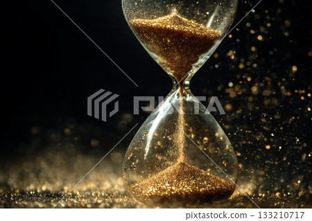 A dramatic close-up of an hourglass with sand rapidly falling, symbolizing urgency, the relentless passage of time, or an impending deadline. A dramatic close-up of an hourglass with sand rapidly falling, symbolizing urgency, the relentless passage of time, or an impending deadline. 133210717