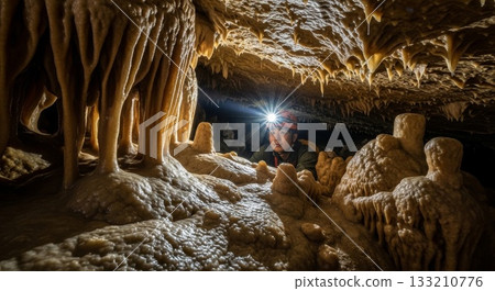 Asian male speleologist with headlamp exploring limestone cave chamber filled with intricate stalactites and stalagmites formations 133210776