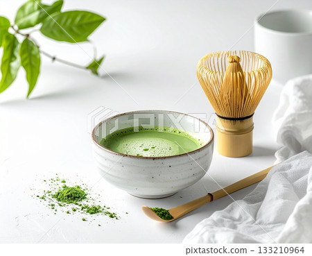Matcha, bamboo whisk and white background Matcha, bamboo whisk and white background 133210964