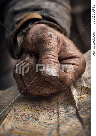 A close-up of a scarred, calloused hand gripping a worn map, indicating a long, arduous journey through treacherous terrain. A close-up of a scarred, calloused hand gripping a worn map, indicating a long, arduous journey through treacherous terrain. 133210982