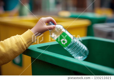 A child's small hand placing a plastic bottle into a recycling bin, emphasizing early environmental education and responsibility. 133211021