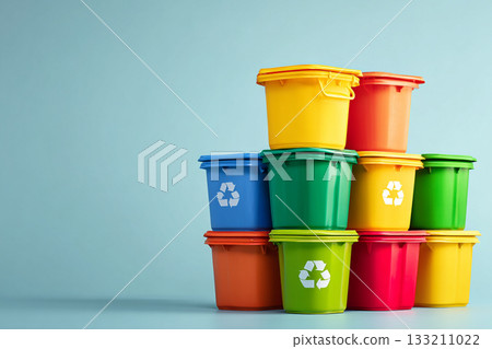 A stack of various colored recycling bins (paper, plastic, glass) on a clean, bright background, promoting waste separation. 133211022