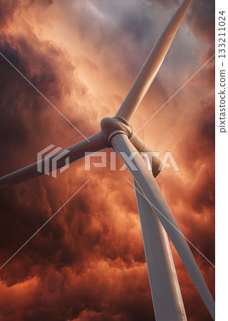 A single wind turbine blade captured in a dramatic close-up against a stormy sky, conveying raw power and environmental impact. 133211024