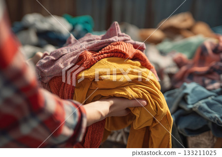 A person donating old clothes to a textile recycling point, advocating for circular fashion and reducing waste. 133211025