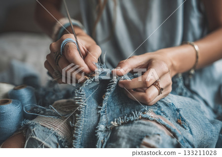 A person repairing torn clothes with a sewing kit, embracing sustainable fashion and slow living. A person repairing torn clothes with a sewing kit, embracing sustainable fashion and slow living. 133211028