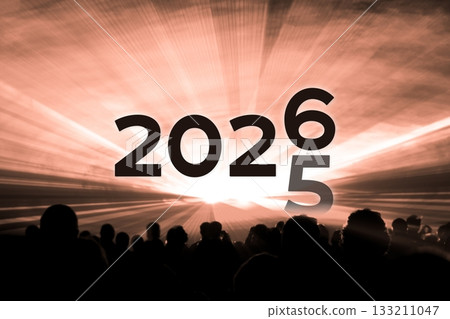 Turn of the year 2026 2025 orange laser show party. Luxury entertainment with people crowd audience silhouettes at new year celebration. Premium nightlife event at holidays season time. 133211047