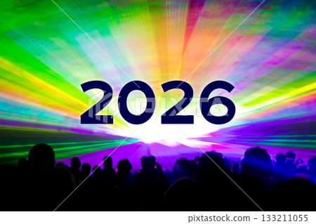 Happy new year 2026 colorful laser show party people crowd. Luxury entertainment with audience silhouettes turn of the year celebration. Premium nightlife event at holidays season party time. 133211055
