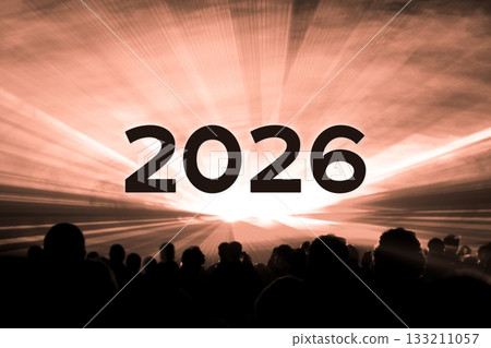 Happy new year 2026 orange laser show party people crowd. Luxury entertainment with audience silhouettes turn of the year celebration. Premium nightlife event at holidays season party time. Happy new year 2026 orange laser show party people crowd. Luxury entertainment with audience silhouettes turn of the year celebration. Premium nightlife event at holidays season party time. 133211057