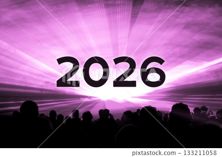 Happy new year 2026 pink laser show party people crowd. Luxury entertainment with audience silhouettes turn of the year celebration. Premium nightlife event at holidays season party time. Happy new year 2026 pink laser show party people crowd. Luxury entertainment with audience silhouettes turn of the year celebration. Premium nightlife event at holidays season party time. 133211058