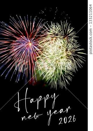 Happy new year 2026 colorful fireworks stars new years eve. Luxury firework event sky show turn of the year celebration. Holidays season party time. Premium entertainment nightlife background. 133211064