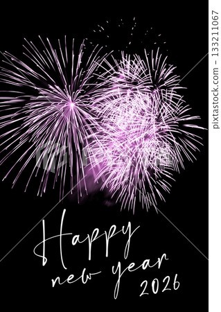 Happy new year 2026 pink fireworks stars new years eve. Luxury firework event sky show turn of the year celebration. Holidays season party time. Premium entertainment nightlife background. 133211067