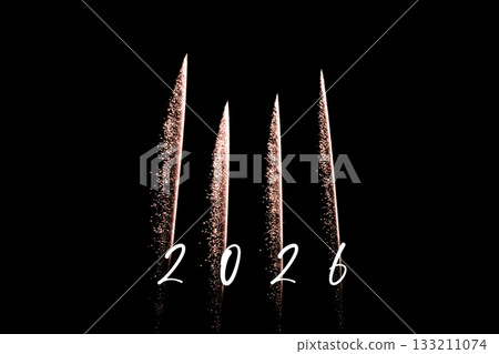 Happy new year 2026 orange fireworks rockets new years eve. Luxury firework event sky show turn of the year celebration. Holidays season party time. Premium entertainment nightlife background. 133211074