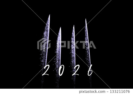 Happy new year 2026 purple fireworks rockets new years eve. Luxury firework event sky show turn of the year celebration. Holidays season party time. Premium entertainment nightlife background. 133211076