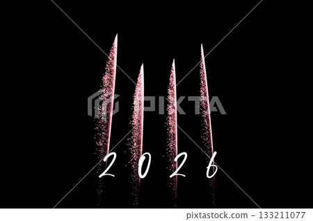 Happy new year 2026 red fireworks rockets new years eve. Luxury firework event sky show turn of the year celebration. Holidays season party time. Premium entertainment nightlife background. 133211077