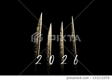 Happy new year 2026 yellow fireworks rockets new years eve. Luxury firework event sky show turn of the year celebration. Holidays season party time. Premium entertainment nightlife background. Happy new year 2026 yellow fireworks rockets new years eve. Luxury firework event sky show turn of the year celebration. Holidays season party time. Premium entertainment nightlife background. 133211079