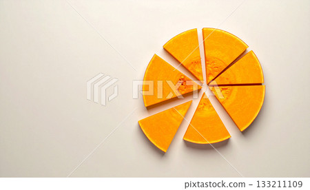 A pie chart made of pumpkin slices illustrates Thanksgiving dinner portions on a plain background. 133211109